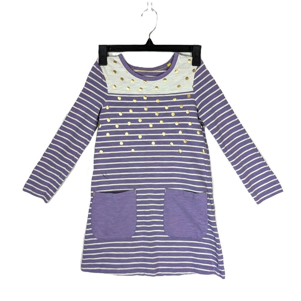 Mini Boden Jersey Knit Dress Girls Sz 7 8 128 Striped Metallic Dots Pockets FLAW